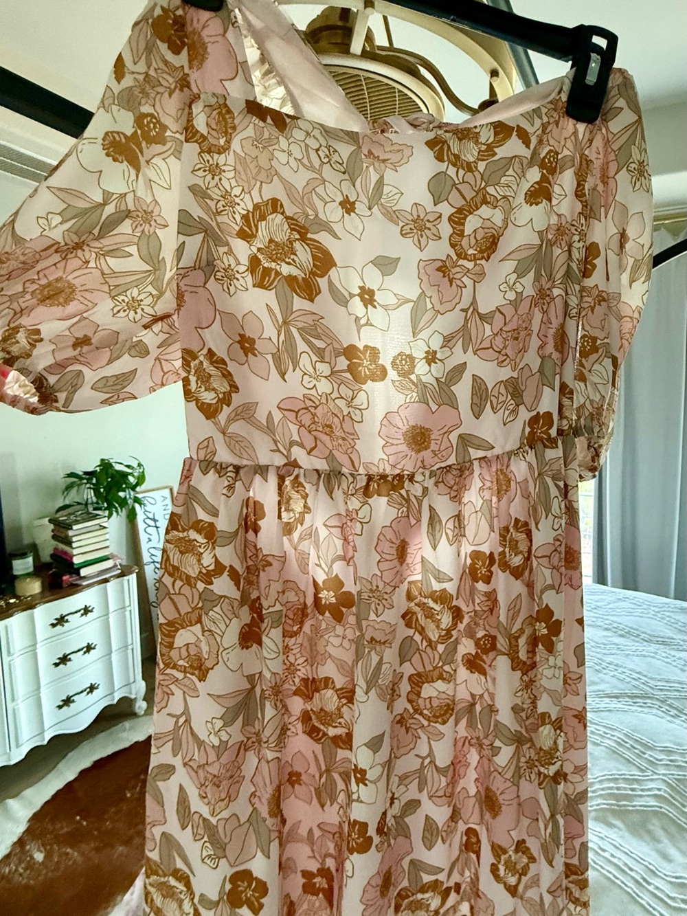 Floral Pink and Brown Chiffon Midi Dress